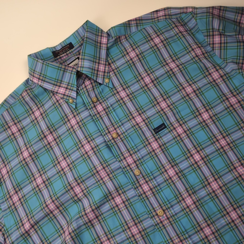 Vintage Faconnable Shirt Mens L (Fits Like XL) Teal Pink Plaid Check Made in USA